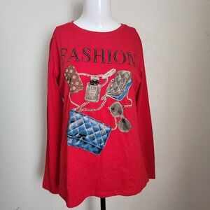 Euro chic Fashion Red Long Sleeve Top with Accessories Print